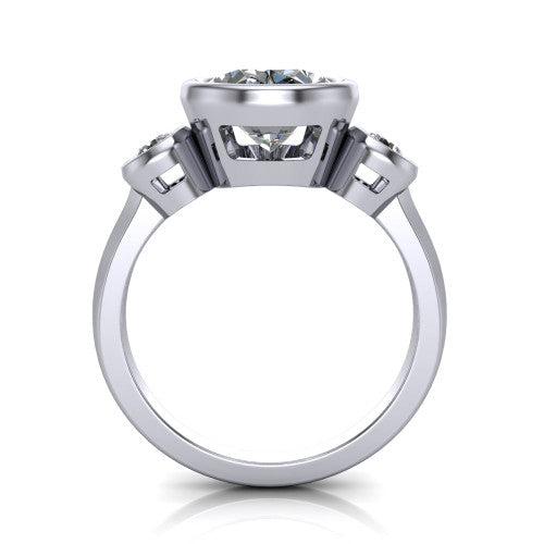 Daisy oval three stone engagement ring in 14K White Gold, through-finger front profile showing the three-stone bezel head raised above the slim polished shank