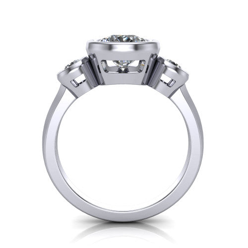 Daisy pear three stone engagement ring in 18K White Gold, through-finger front profile showing the three-stone bezel head raised above the slim polished shank