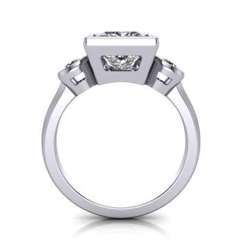 Daisy princess three stone engagement ring in 18K White Gold, through-finger front profile showing the three-stone bezel head raised above the slim polished shank