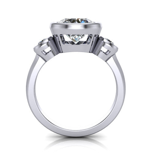 Daisy round three stone engagement ring in Platinum, through-finger front profile showing the three-stone bezel head raised above the slim polished shank