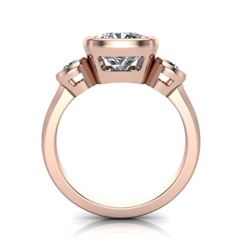 Daisy cushion three stone engagement ring in 14K Rose Gold, through-finger front profile showing the three-stone bezel head raised above the slim polished shank