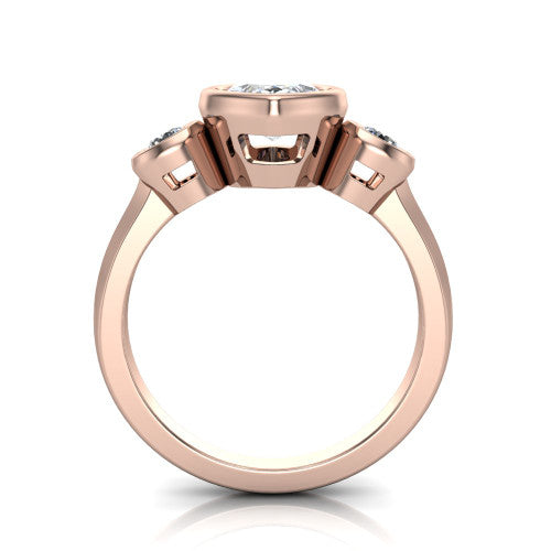Daisy marquise three stone engagement ring in 14K Rose Gold, through-finger front profile showing the three-stone bezel head raised above the slim polished shank