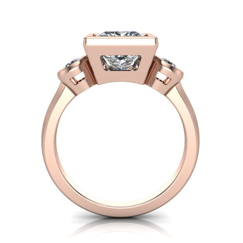 Daisy princess three stone engagement ring in 18K Rose Gold, through-finger front profile showing the three-stone bezel head raised above the slim polished shank