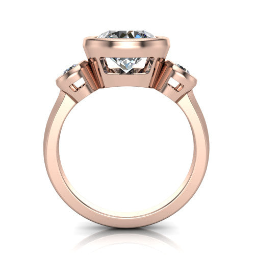 Daisy round three stone engagement ring in 18K Rose Gold, through-finger front profile showing the three-stone bezel head raised above the slim polished shank