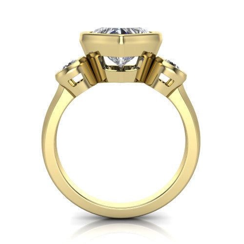 Daisy heart three stone engagement ring in 18K Yellow Gold, through-finger front profile showing the three-stone bezel head raised above the slim polished shank
