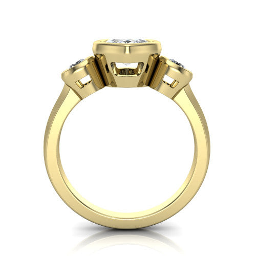 Daisy marquise three stone engagement ring in 18K Yellow Gold, through-finger front profile showing the three-stone bezel head raised above the slim polished shank