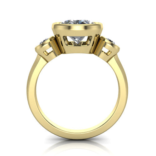 Daisy oval three stone engagement ring in 18K Yellow Gold, through-finger front profile showing the three-stone bezel head raised above the slim polished shank