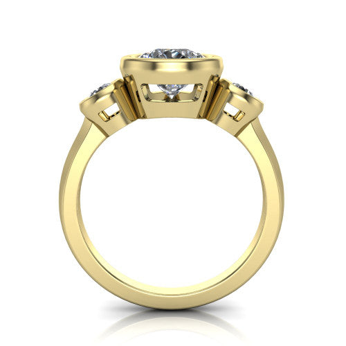 Daisy pear three stone engagement ring in 18K Yellow Gold, through-finger front profile showing the three-stone bezel head raised above the slim polished shank