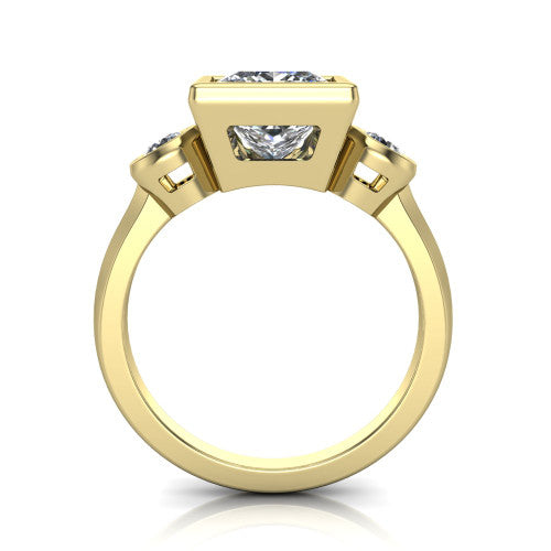 Daisy princess three stone engagement ring in 18K Yellow Gold, through-finger front profile showing the three-stone bezel head raised above the slim polished shank