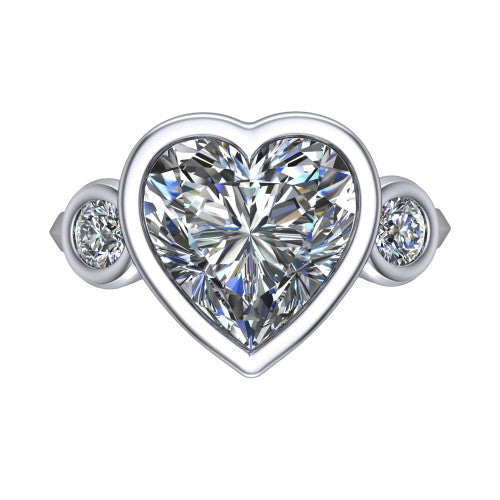 Daisy heart three stone engagement ring in 14K White Gold, through-finger front profile showing the three-stone bezel head raised above the slim polished shank