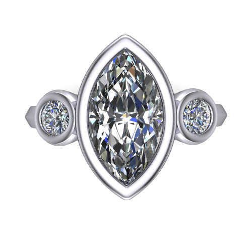 Daisy marquise three stone engagement ring in Platinum, top-down view showing the bezel-set center diamond flanked by two round bezel-set side stones