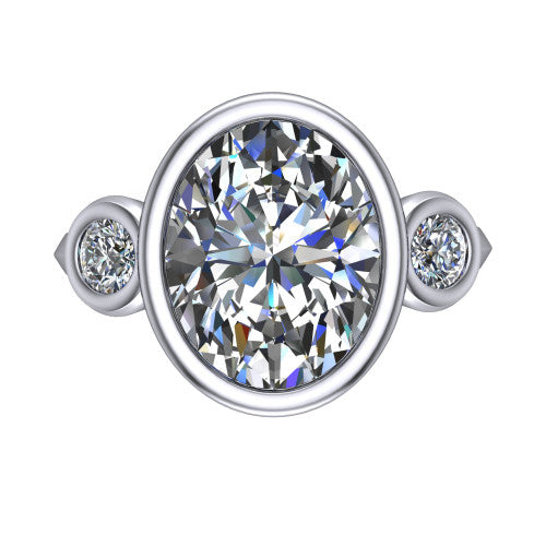 Daisy oval three stone engagement ring in 14K White Gold, top-down view showing the bezel-set center diamond flanked by two round bezel-set side stones