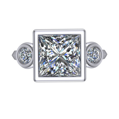Daisy princess three stone engagement ring in 14K White Gold, top-down view showing the bezel-set center diamond flanked by two round bezel-set side stones