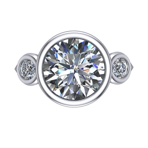 Daisy round three stone engagement ring in 14K White Gold, top-down view showing the bezel-set center diamond flanked by two round bezel-set side stones