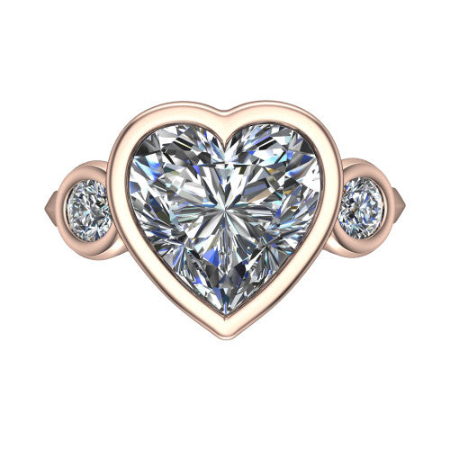 Daisy heart three stone engagement ring in 14K Rose Gold, top-down view showing the bezel-set center diamond flanked by two round bezel-set side stones