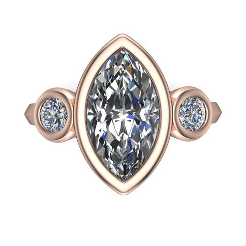 Daisy marquise three stone engagement ring in 18K Rose Gold, top-down view showing the bezel-set center diamond flanked by two round bezel-set side stones