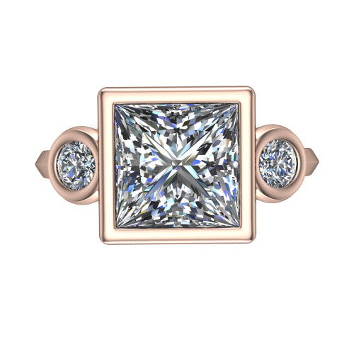 Daisy princess three stone engagement ring in 14K Rose Gold, top-down view showing the bezel-set center diamond flanked by two round bezel-set side stones