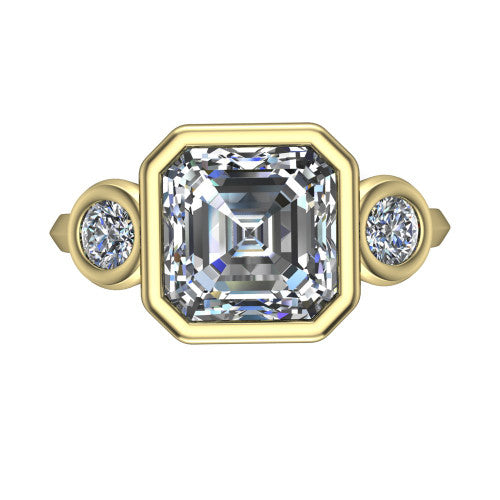 Daisy asscher three stone engagement ring in 18K Yellow Gold, top-down view showing the bezel-set center diamond flanked by two round bezel-set side stones