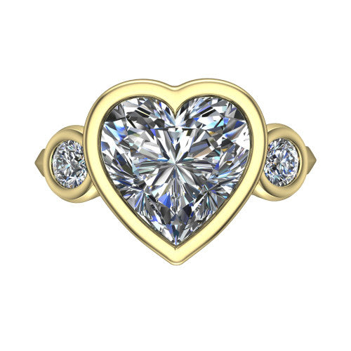 Daisy heart three stone engagement ring in 14K Yellow Gold, top-down view showing the bezel-set center diamond flanked by two round bezel-set side stones