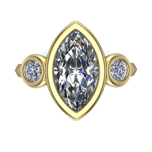 Daisy marquise three stone engagement ring in 18K Yellow Gold, top-down view showing the bezel-set center diamond flanked by two round bezel-set side stones