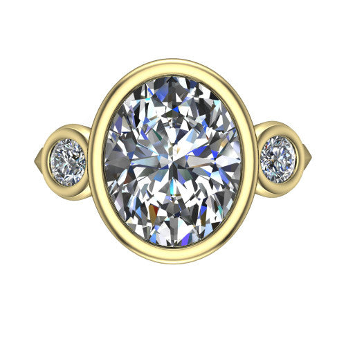 Daisy oval three stone engagement ring in 14K Yellow Gold, top-down view showing the bezel-set center diamond flanked by two round bezel-set side stones