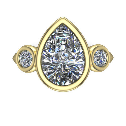 Daisy pear three stone engagement ring in 18K Yellow Gold, top-down view showing the bezel-set center diamond flanked by two round bezel-set side stones