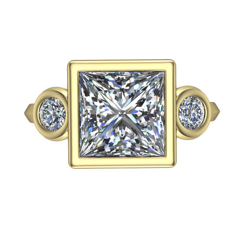 Daisy princess three stone engagement ring in 14K Yellow Gold, top-down view showing the bezel-set center diamond flanked by two round bezel-set side stones