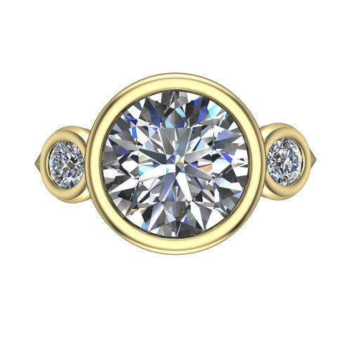 Daisy round three stone engagement ring in 18K Yellow Gold, top-down view showing the bezel-set center diamond flanked by two round bezel-set side stones