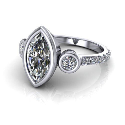 Chloe marquise three stone engagement ring in 18K White Gold, three-quarter perspective showing the bezel-set center between two bezel-set round side stones above a pav&eacute; shank