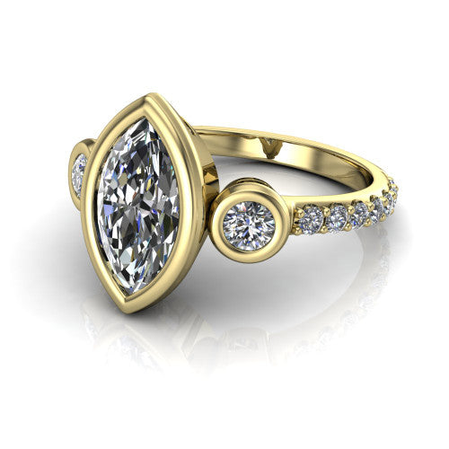 Chloe marquise three stone engagement ring in 14K Yellow Gold, three-quarter perspective showing the bezel-set center between two bezel-set round side stones above a pav&eacute; shank