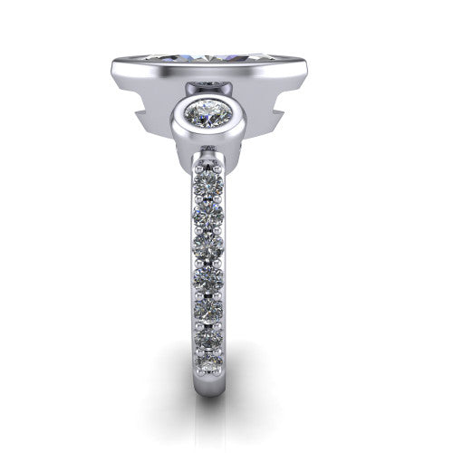Chloe marquise three stone engagement ring in Platinum, side profile showing the round bezel side stone and the pav&eacute; diamonds running down the shank