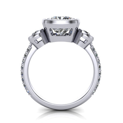 Chloe cushion three stone engagement ring in 18K White Gold, through-finger front profile showing the three-stone bezel head raised above the pav&eacute; band