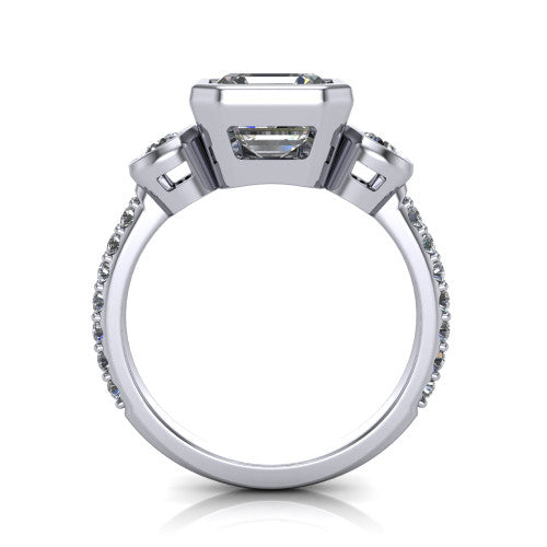 Chloe asscher three stone engagement ring in 14K White Gold, through-finger front profile showing the three-stone bezel head raised above the pav&eacute; band
