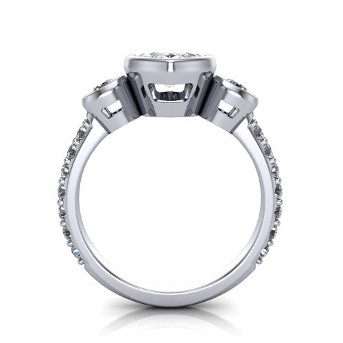 Chloe marquise three stone engagement ring in 14K White Gold, through-finger front profile showing the three-stone bezel head raised above the pav&eacute; band