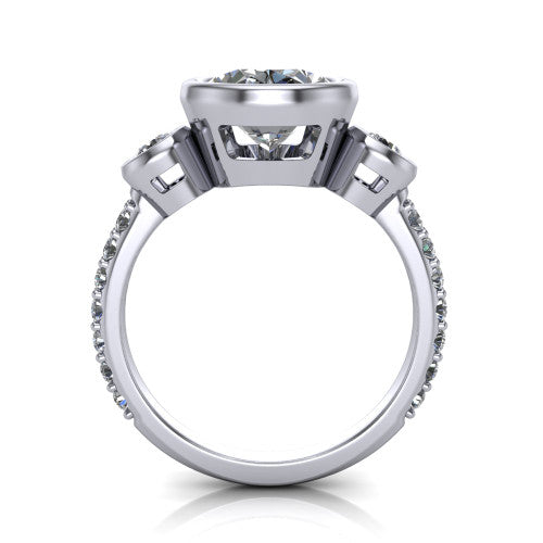 Chloe oval three stone engagement ring in 18K White Gold, through-finger front profile showing the three-stone bezel head raised above the pav&eacute; band