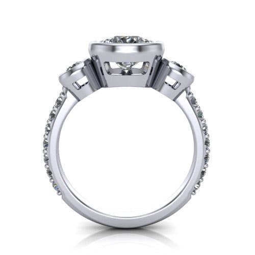 Chloe pear three stone engagement ring in 14K White Gold, through-finger front profile showing the three-stone bezel head raised above the pav&eacute; band