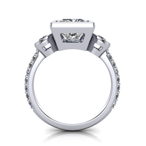 Chloe princess three stone engagement ring in 14K White Gold, through-finger front profile showing the three-stone bezel head raised above the pav&eacute; band