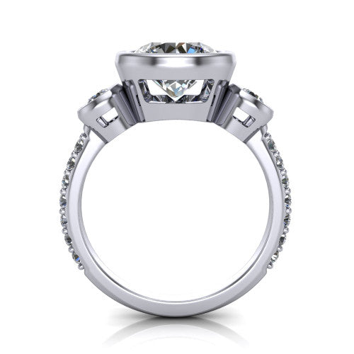 Chloe round three stone engagement ring in Platinum, through-finger front profile showing the three-stone bezel head raised above the pav&eacute; band