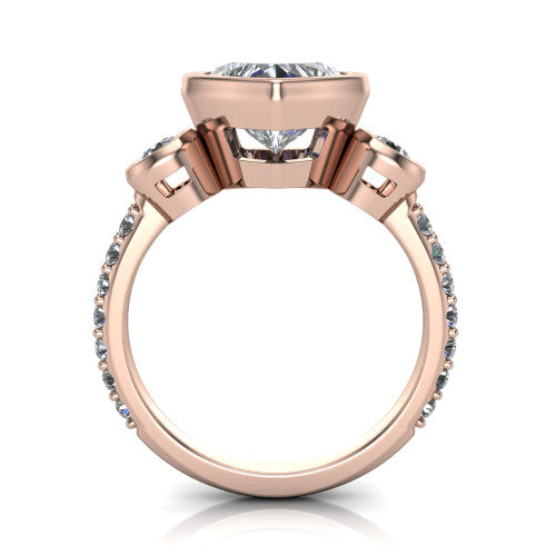 Chloe heart three stone engagement ring in 18K Rose Gold, through-finger front profile showing the three-stone bezel head raised above the pav&eacute; band