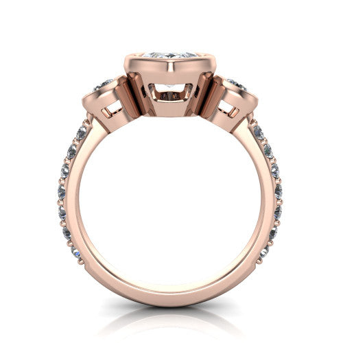Chloe marquise three stone engagement ring in 18K Rose Gold, through-finger front profile showing the three-stone bezel head raised above the pav&eacute; band