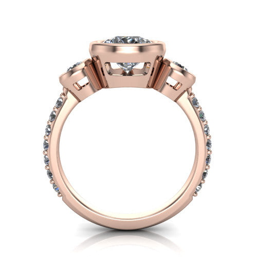 Chloe pear three stone engagement ring in 14K Rose Gold, through-finger front profile showing the three-stone bezel head raised above the pav&eacute; band
