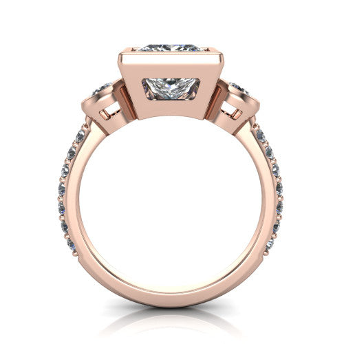 Chloe princess three stone engagement ring in 14K Rose Gold, through-finger front profile showing the three-stone bezel head raised above the pav&eacute; band