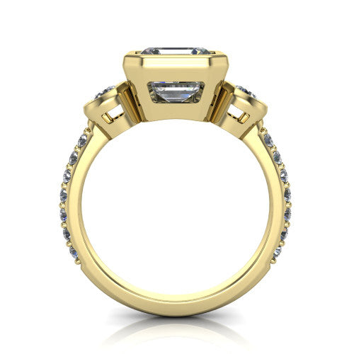 Chloe asscher three stone engagement ring in 18K Yellow Gold, through-finger front profile showing the three-stone bezel head raised above the pav&eacute; band