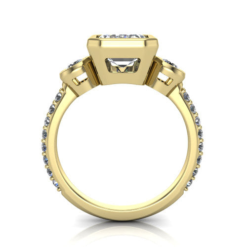 Chloe emerald three stone engagement ring in 14K Yellow Gold, through-finger front profile showing the three-stone bezel head raised above the pav&eacute; band