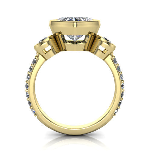 Chloe heart three stone engagement ring in 14K Yellow Gold, through-finger front profile showing the three-stone bezel head raised above the pav&eacute; band