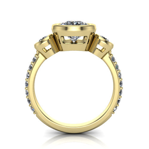 Chloe pear three stone engagement ring in 18K Yellow Gold, through-finger front profile showing the three-stone bezel head raised above the pav&eacute; band
