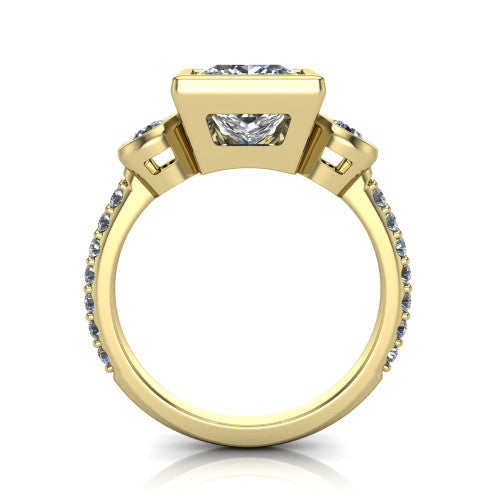 Chloe princess three stone engagement ring in 14K Yellow Gold, through-finger front profile showing the three-stone bezel head raised above the pav&eacute; band