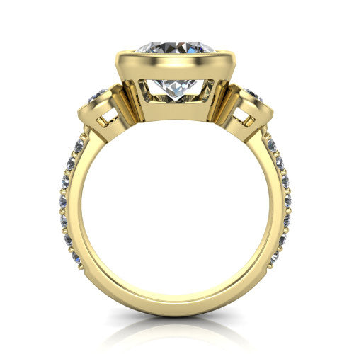 Chloe round three stone engagement ring in 14K Yellow Gold, through-finger front profile showing the three-stone bezel head raised above the pav&eacute; band