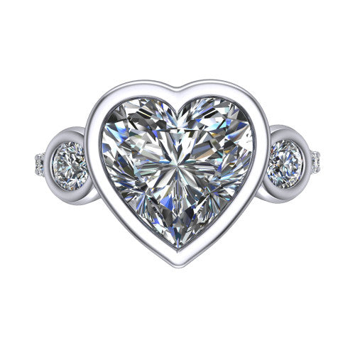 Chloe heart three stone engagement ring in 14K White Gold, top-down view showing the bezel-set center flanked by two round side stones in bezels over a pav&eacute; band