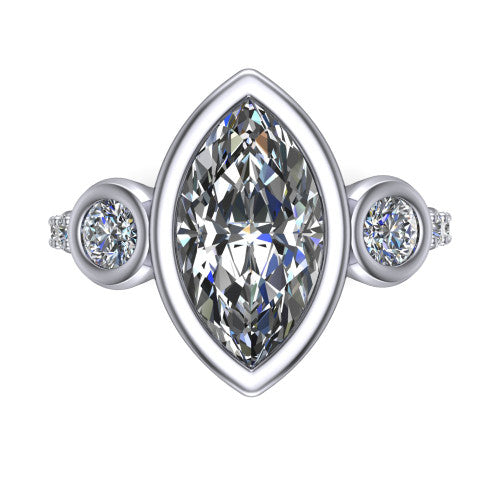 Chloe marquise three stone engagement ring in Platinum, top-down view showing the bezel-set center flanked by two round side stones in bezels over a pav&eacute; band